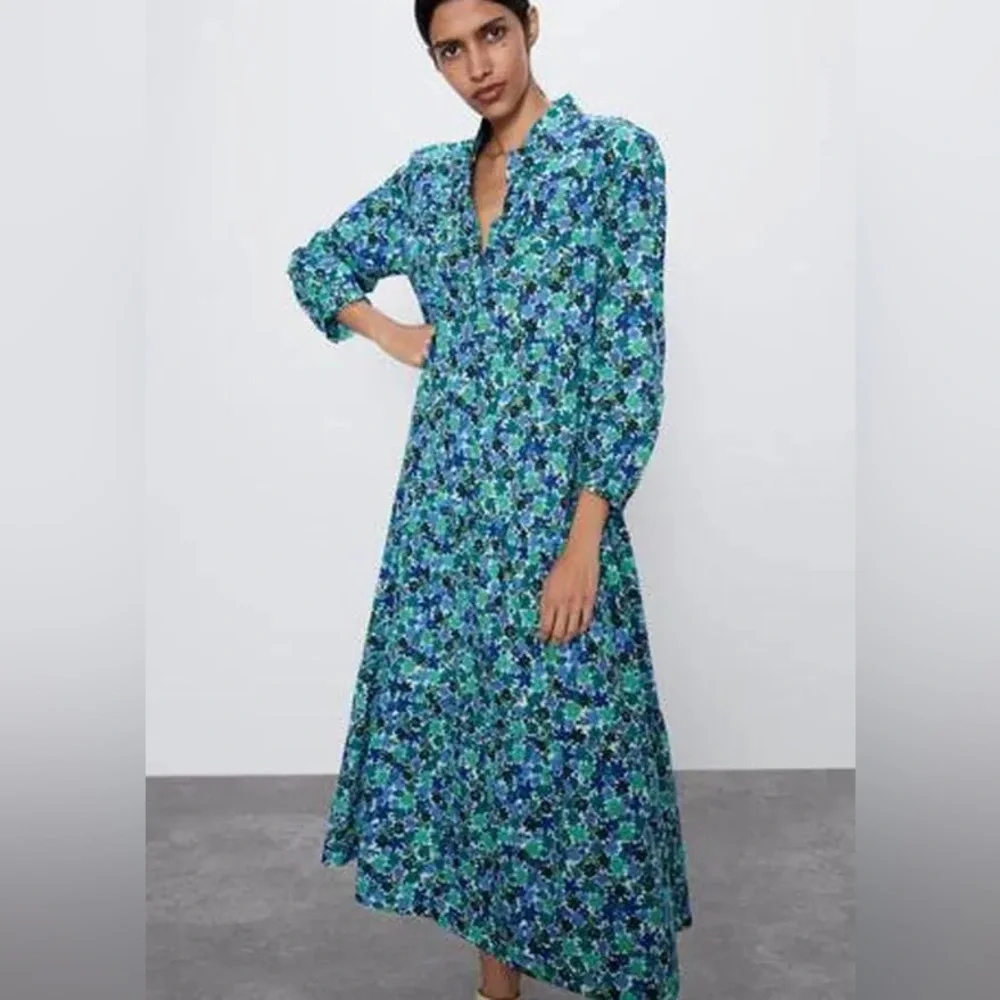 Zara Floral Print Green Dress Size S - Picture 3 of 12